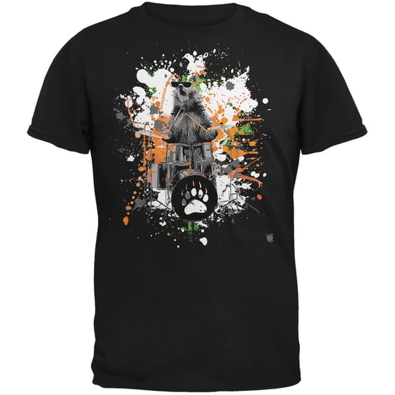 Bear Drummer Splatter Black Adult T-Shirt - Medium