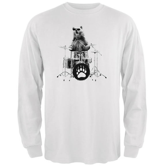 Bear Drummer White Adult Long Sleeve T-Shirt - Large