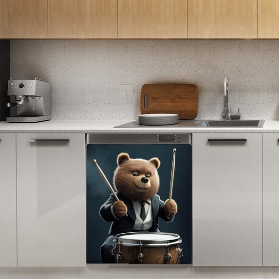 Bear Drumming Suit Dishwasher Magnet Cover Decorative Sticker for Home Cabinet Kitchen 23" x26"