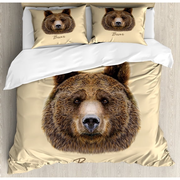 Bear Duvet Cover Set, Big Bear of North America and Eurasia Realistic Strong Wildlife Beast Zoo Animal, Decorative 3 Piece Bedding Set with 2 Pillow Shams, Calking Size, Brown Sand Brown, by Ambesonne