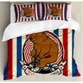 thumbnail image 1 of Bear Duvet Cover Set, Circus Animal on Bicycle Carnival Theme Mascot Hat Striped Backdrop, Decorative 3 Piece Bedding Set with 2 Pillow Shams, Queen Size, Ruby Blue Brown, by Ambesonne, 1 of 3