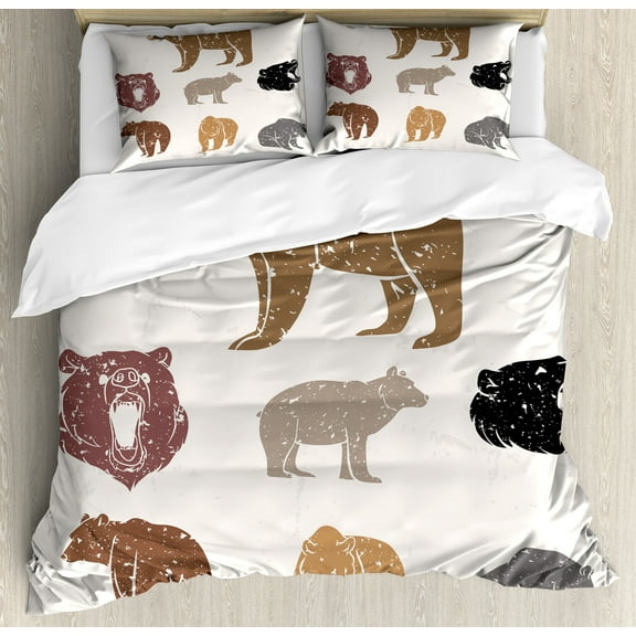 Bear Duvet Cover Set, Different Bears with Grunge Design Growling Animal Portraits Silhouettes Retro Style, Decorative 3 Piece Bedding Set with 2 Pillow Shams, Queen Size, Multicolor, by Ambesonne