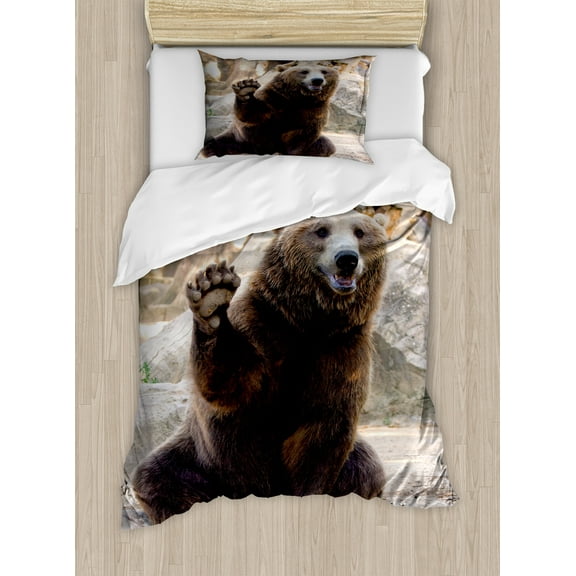 Bear Duvet Cover Set, Friendly Animal Sitting and Waving a Paw in the Zoo Funny Wild Mammal Gesture, Decorative 2 Piece Bedding Set with 1 Pillow Shams, Twin Size, Brown Beige, by Ambesonne