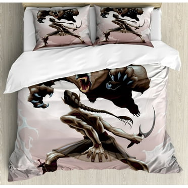Bear Duvet Cover Set, Mythological Scene Concept of an Elf and Angry Bear Fantasy Theme, Decorative 3 Piece Bedding Set with 2 Pillow Shams, Calking Size, Warm Taupe Dark Brown, by Ambesonne