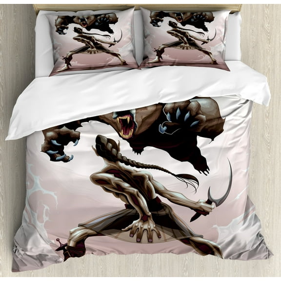 Bear Duvet Cover Set, Mythological Scene Concept of an Elf and Angry Bear Fantasy Theme, Decorative 3 Piece Bedding Set with 2 Pillow Shams, King Size, Warm Taupe Dark Brown, by Ambesonne