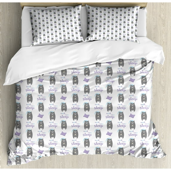Bear Duvet Cover Set, Night Woodland Animal Hot Chocolate and Pillow Need More Sleep Pattern, Decorative 3 Piece Bedding Set with 2 Pillow Shams, Calking Size, Dimgray and Mauve, by Ambesonne