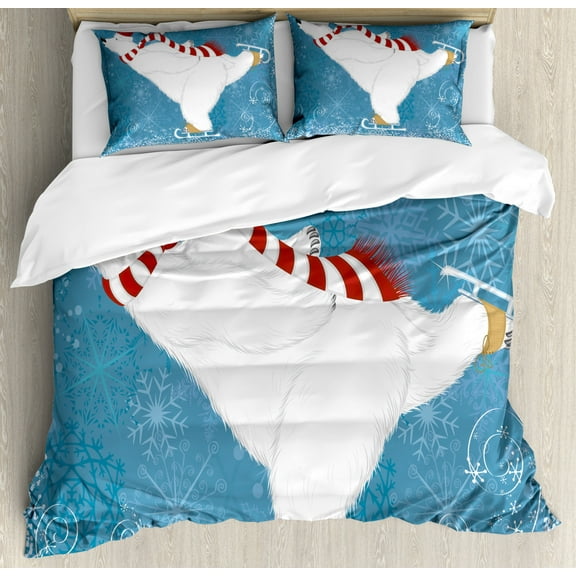 Bear Duvet Cover Set Queen Size, Polar Bear with Christmas Hat and Scarf Ice Skating Ornamental Snowflakes and Swirls, Decorative 3 Piece Bedding Set with 2 Pillow Shams, Blue White, by Ambesonne