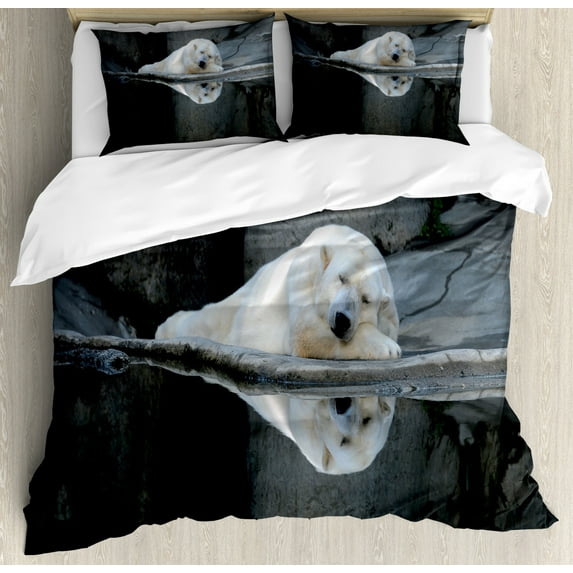 Bear Duvet Cover Set Queen Size, Sleeping Cute Polar Bear at the Zoo with Water Reflection Peaceful Calm Nature, Decorative 3 Piece Bedding Set with 2 Pillow Shams, Cream Grey Black, by Ambesonne
