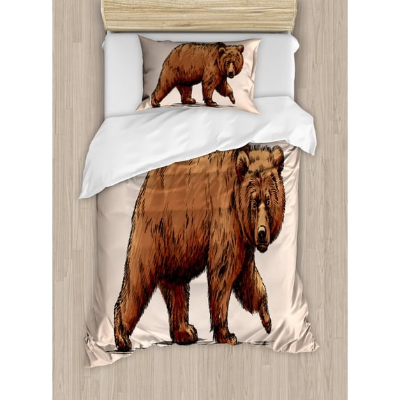 Bear Duvet Cover Set Twin Size, Ink Drawing Style Wildlife Beast Carnivore Figure Walking Zoology Nature Themed Art, Decorative 2 Piece Bedding Set with 1 Pillow Sham, Brown Rose, by Ambesonne
