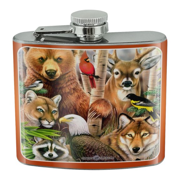 Bear Eagle Cougar Wolf Racoon Deer Animals Stainless Steel 5oz Hip Drink Kidney Flask