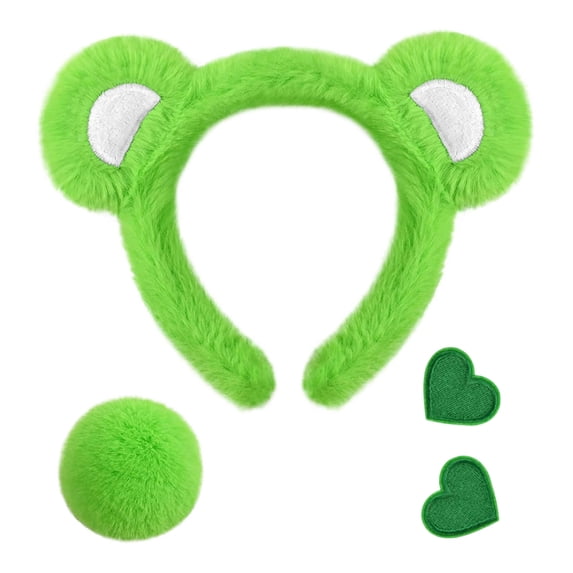 Bear Ear Headband & Tail Set Soft Stuffed Accessory With Heart Patches For Party Themed Celebrations(Green-7.9In)