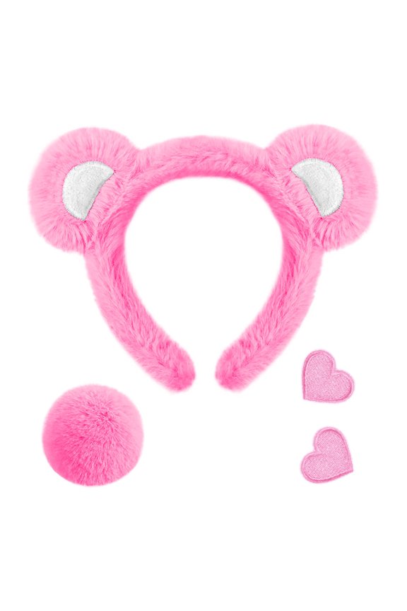 Bear Ear Headband & Tail Set Soft Stuffed Accessory With Heart Patches For Party Themed Celebrations(Pink-7.9In)