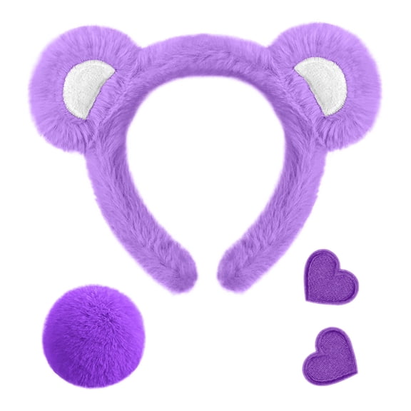 Bear Ear Headband & Tail Set Soft Stuffed Accessory With Heart Patches For Party Themed Celebrations(Purple-7.9In)