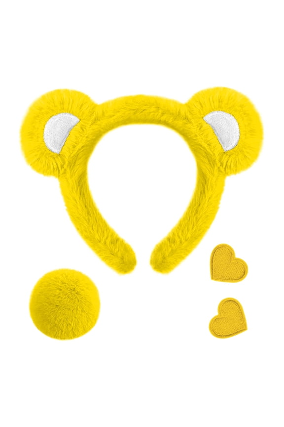 Bear Ear Headband & Tail Set Soft Stuffed Accessory With Heart Patches For Party Themed Celebrations(Yellow-7.9In)