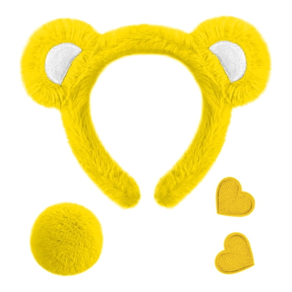 Bear Ear Headband & Tail Set Soft Stuffed Accessory With Heart Patches For Party Themed Celebrations(Yellow-7.9In)