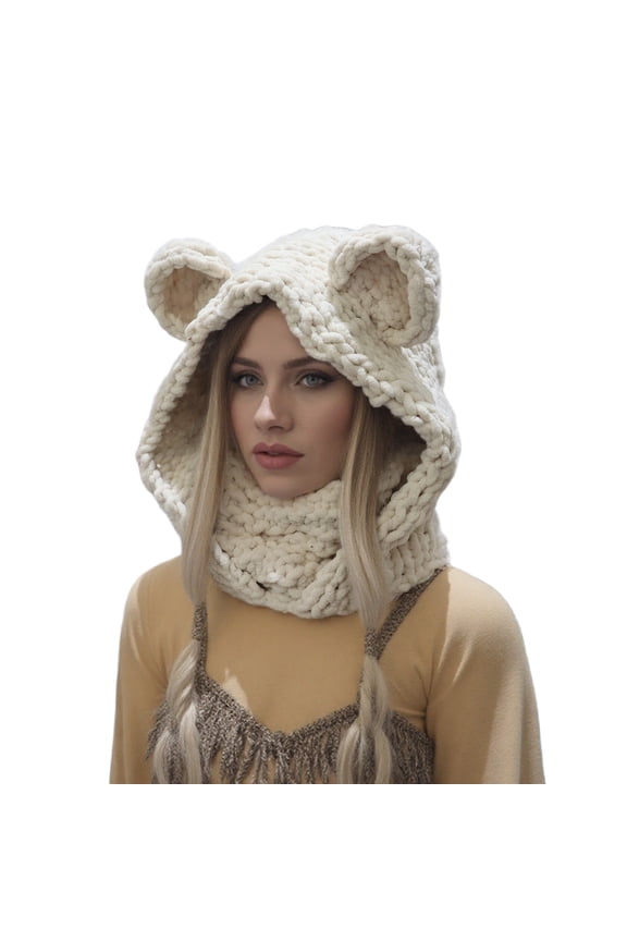 Bear Ear Knit Scarf Hat with Thermal Face Cover for Winter Sports, Outdoor Activities And Cosplay