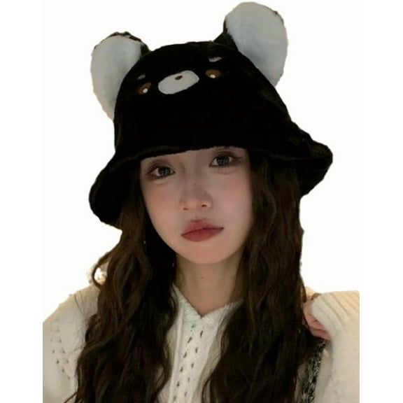 Bear Ear Shape Bucket Hat Plush Fisherman Hats Cute Beanie Hat for Women Winter Soft Solid Outdoor Hiking Fluffy Warm