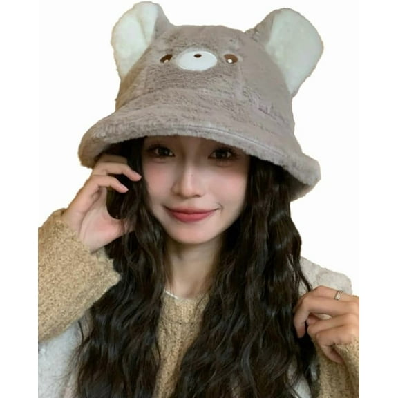 Bear Ear Shape Bucket Hat Plush Fisherman Hats Cute Beanie Hat for Women Winter Soft Solid Outdoor Hiking Fluffy Warm