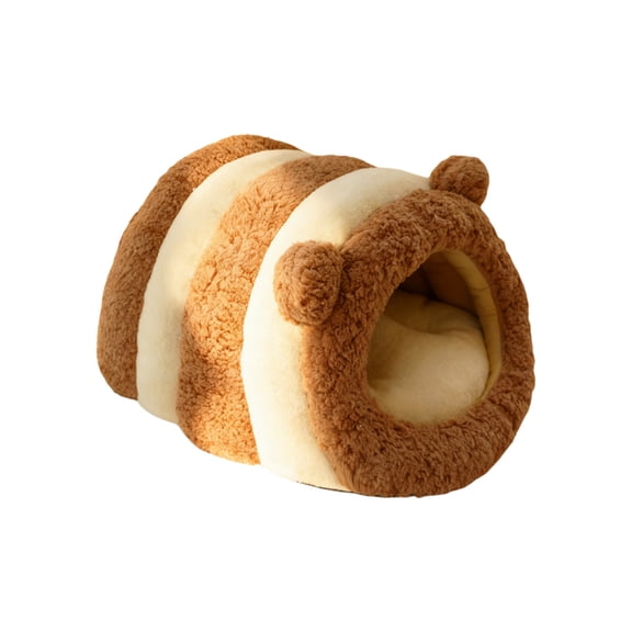Bear-Ear Striped Cat House, Semi-Enclosed Cat Bed Warm Pet Villa Cave with Removable Washable Mat for Cats & Small Dogs