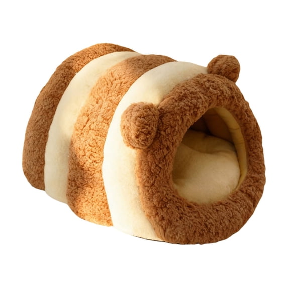Bear-Ear Striped Cat House, Semi-Enclosed Cat Bed Warm Pet Villa Cave with Removable Washable Mat for Cats & Small Dogs