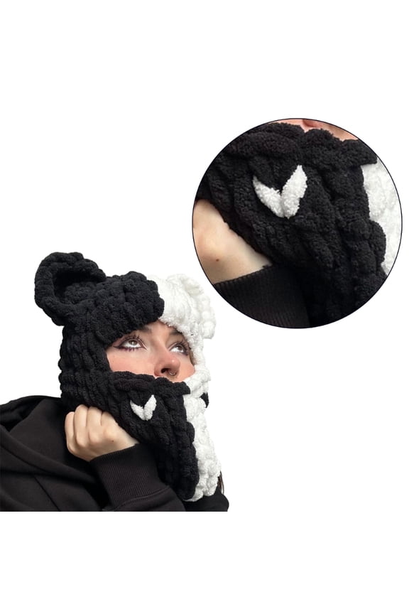 Bear Ears Knitted Hat Beanies Warm Full Face Cover Ski Hat Windproof Balaclava Hat for Men Womens