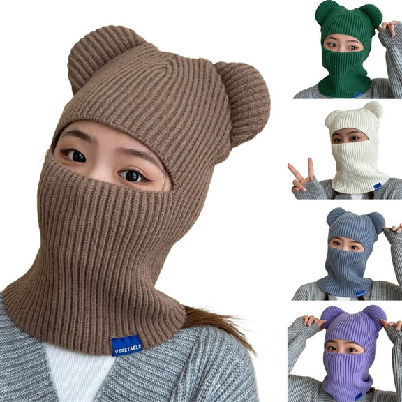 Bear Ears Solid Color Ear Knitted Scarf Cap Unisex Winter Outdoor Riding Integrated Scarf Beanie Hat Costume Accessories Light Green