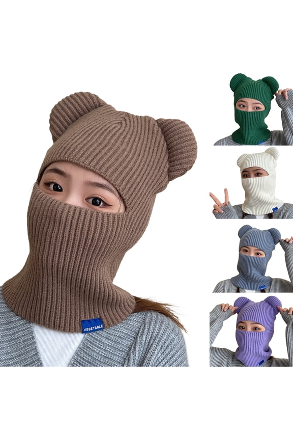 Bear Ears Solid Color Ear Knitted Scarf Cap Unisex Winter Outdoor Riding Integrated Scarf Beanie Hat Costume Accessories Light Green