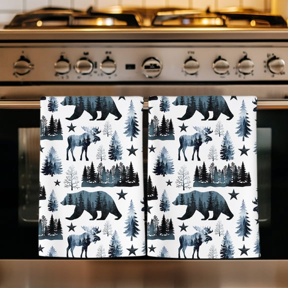 Bear Elk Cabin Kitchen Towels Set of 1, Farmhousee Pine Tree Forest Blue Absorbent Dish Towels for Kitchen, Microfiber Hand Towel, Quick Drying Tea Towel for Cleaning Decorative Dishcloths