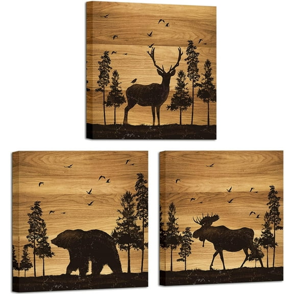 Bear Elk Moose Wall Pictures Forest Landscape Hunting Theme Woodland Animal Painting Framed Canvas Artwork Farmhouse Wall Decor 12"x12"x3 Panels