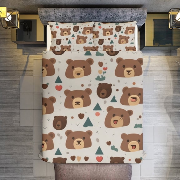Bear Emoji Pattern Quilt Cover Set Fashionable Printed Bedding Covers with Pillowcase Home Textiles, King (90"x102")