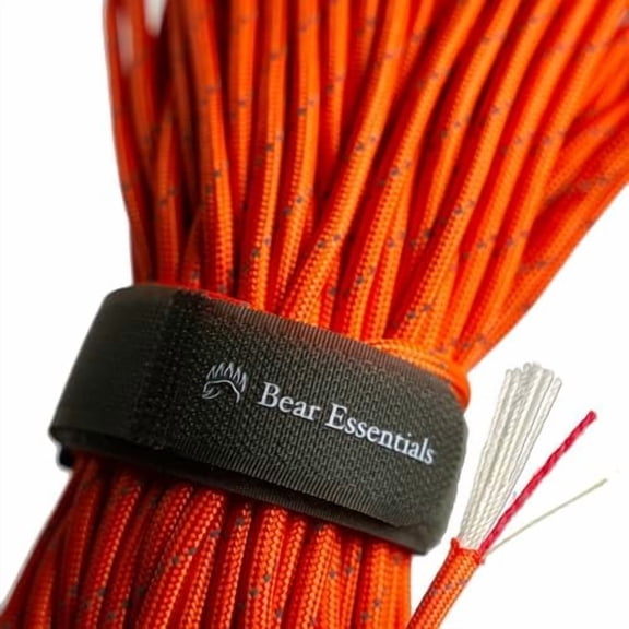 Bear Essentials 750LBS - Premium Reflective Survival Paracord - with Firecord & Kevlar Fishing/Snare Line Inside - High Tenacity Polyester Sheath - Reflective Orange - (100 FT Hank)