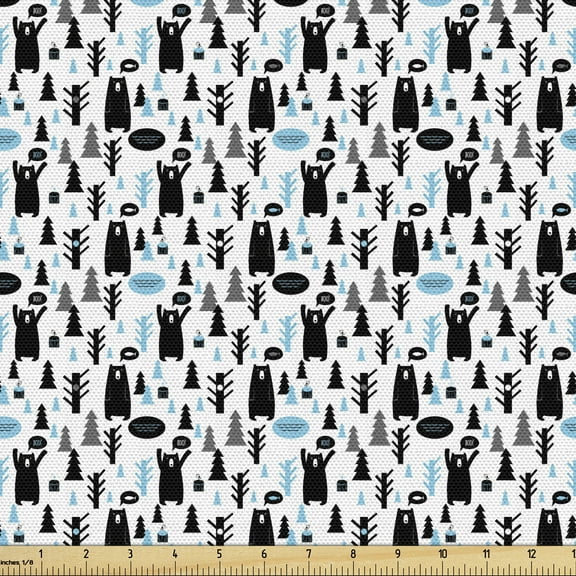 Ambesonne Bear Fabric by the Yard Upholstery, Modern Forest Animals Joy, 10 Yards, Pale Blue Black White