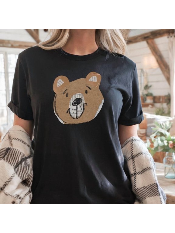 Bear Face Graphic T-shirt | Cute Brown Bear Face Shirt | Hand Drawn Bear Tee | Collage Style Animal Shirt | Aesthetic Soft Grunge Shirt