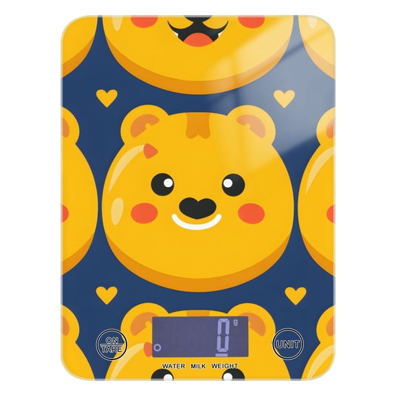 Bear Face Yellow Food Scale Digital Kitchen Scale Waterproof Tempered Glass Tare Function 11 lb for Baking Cooking Meal Prep