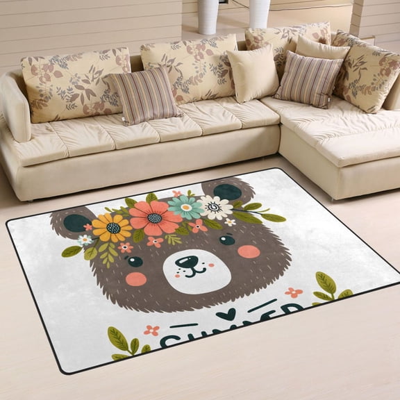 Bear Face in A Flower Crown Area Rug Washable Floor Carpet Mat 60 x 39 inch for Bedroom Living Room Kids Room Home Decor