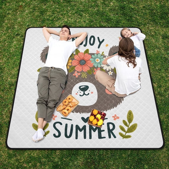 Bear Face in A Flower Crown Beach Blanket Outdoor Picnic Blanket 78"x 78" Waterproof Foldable for Beach Camping Travel Hiking Grass Lawn Park