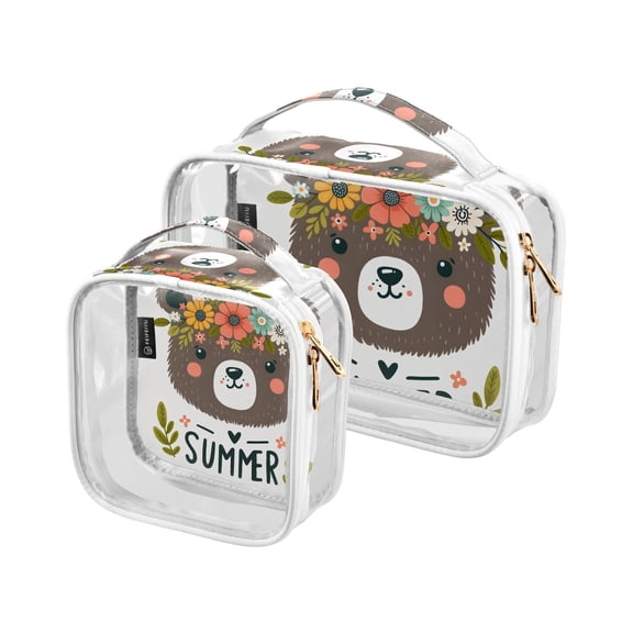 Bear Face in A Flower Crown Clear Cosmetic Bags with Handles PVC Toiletry Bags Zipper Waterproof Portable for Traveling 2 Pcs
