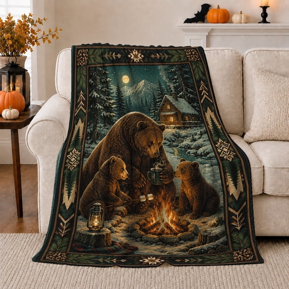 Bear Family Campfire Night Snowy Forest Rustic Cabin, Rustic Camping Scene, Warm Flannel Blanket for Cabin and Lodge, Outdoor Lovers Camping Gift, Rustic Home Decor