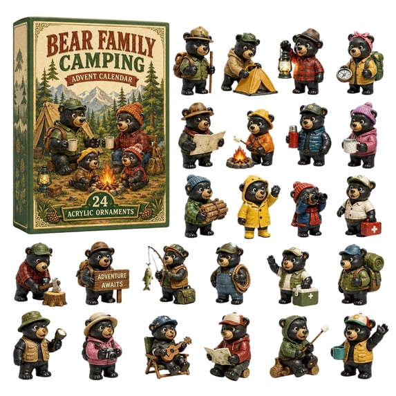 Bear Family Camping Advent Calendar, 2D Acrylic Cute Wildlife Forest Camp Charms Daily Reveal Blind Box for Kids, 24 Pieces
