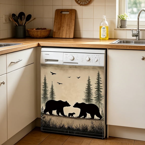 Bear Family Dishwasher Covers for The Front Magnetic,Vintage Forest Refrigerator Magnets Decoration,Reusable Dishwasher Cover Panel for Home Kitchen Decor 23x26 Inch
