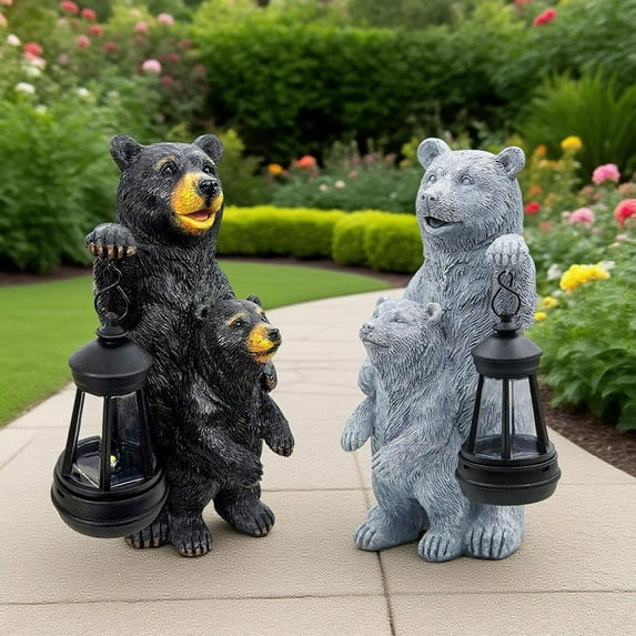 Bear Family Garden Statue with Lantern, Outdoor Decorative Resin Sculpture, Waterproof Yard Ornament for Patio, Lawn, Porch, and Home Decor