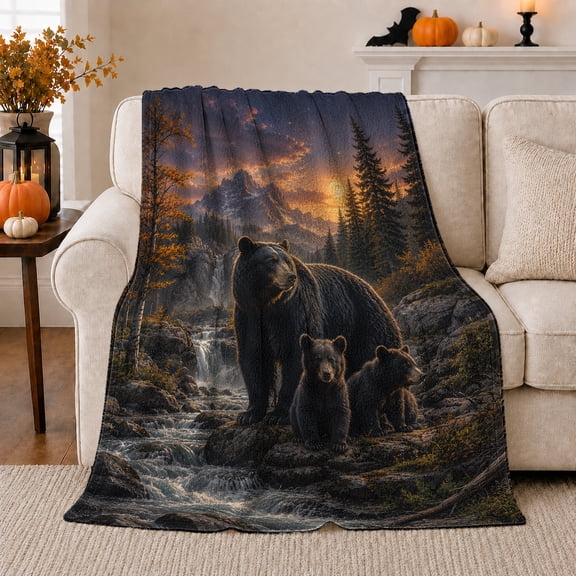 Bear Family Mountain Wilderness, Festive Woodland Scene, Warm Flannel Blanket for Cabin and Lodge with Detailed Artwork, Wildlife Lovers Housewarming Gift, Festive Home Decor