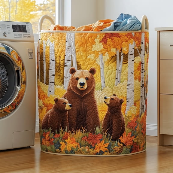 Bear Family Quilted Laundry Basket, with Handles, Foldable Clothes Hamper for Bedroom Storage