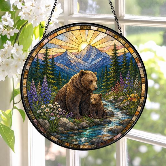 Bear Family Stained Glass Suncatcher Window Hanging Gift for Mom Nature Lover