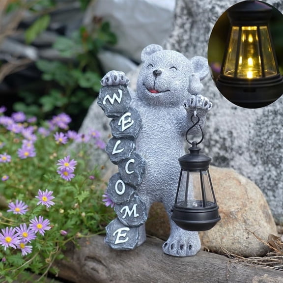 Bear Figurine Light Solar Powered Led Light- Welcome Lawn Decor Garden Statues for Patio, Balcony, Yard Ornament, Outdoor House Housewarming Gifts, 7.8x4.13inch