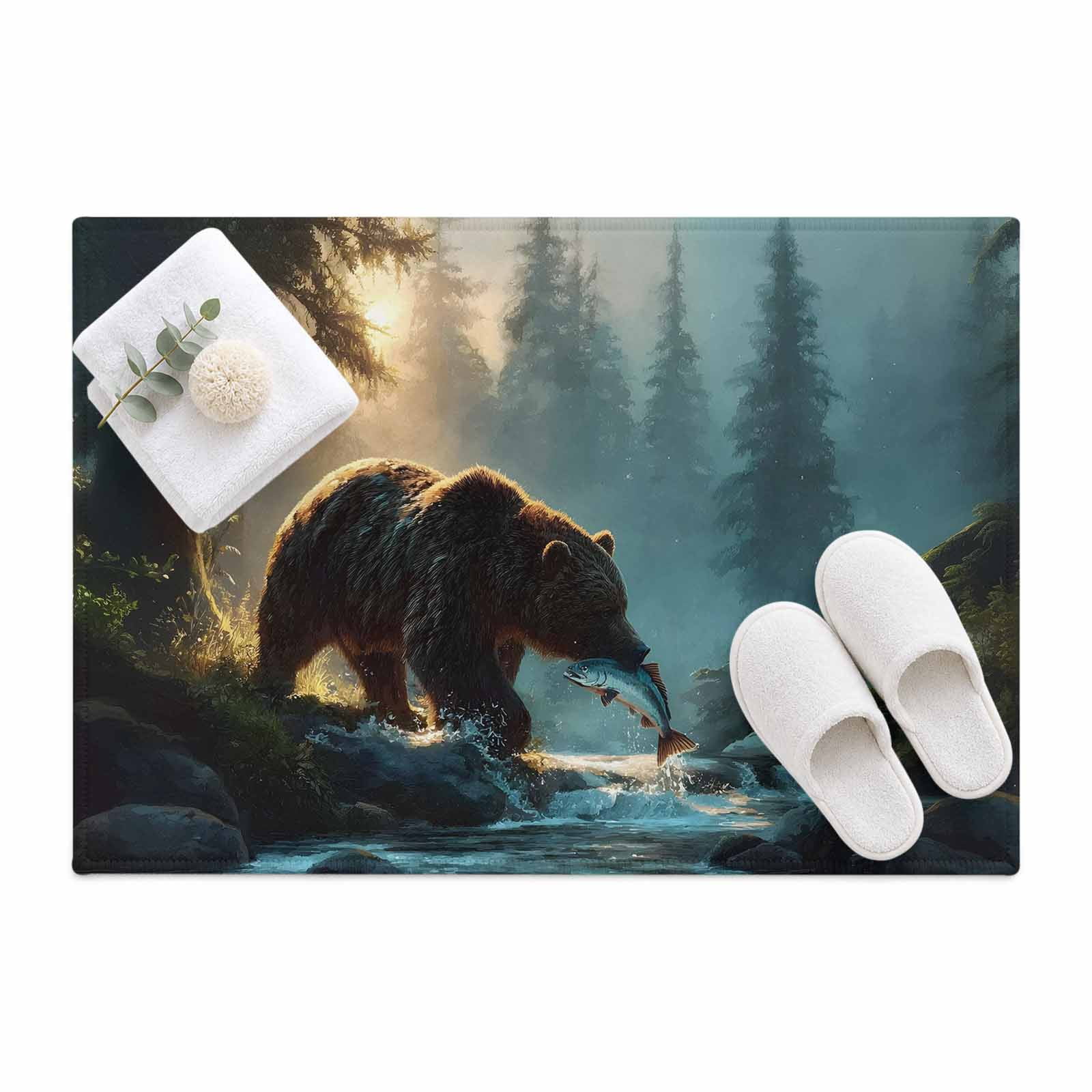 Bear Fishing Area Rug 2'x3', Forest Stream Mat Non-Slip Silicone ...