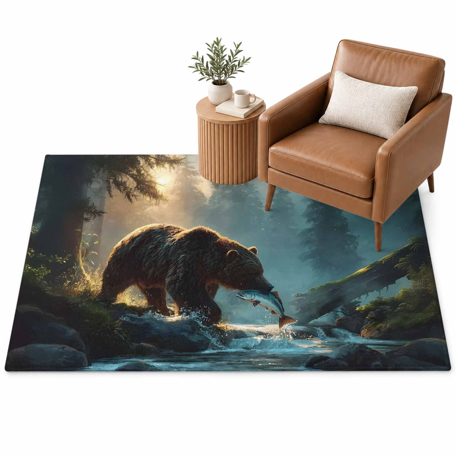 Bear Fishing Area Rug 4'x6', Forest Stream Soft Mat Non-Slip Silicone ...
