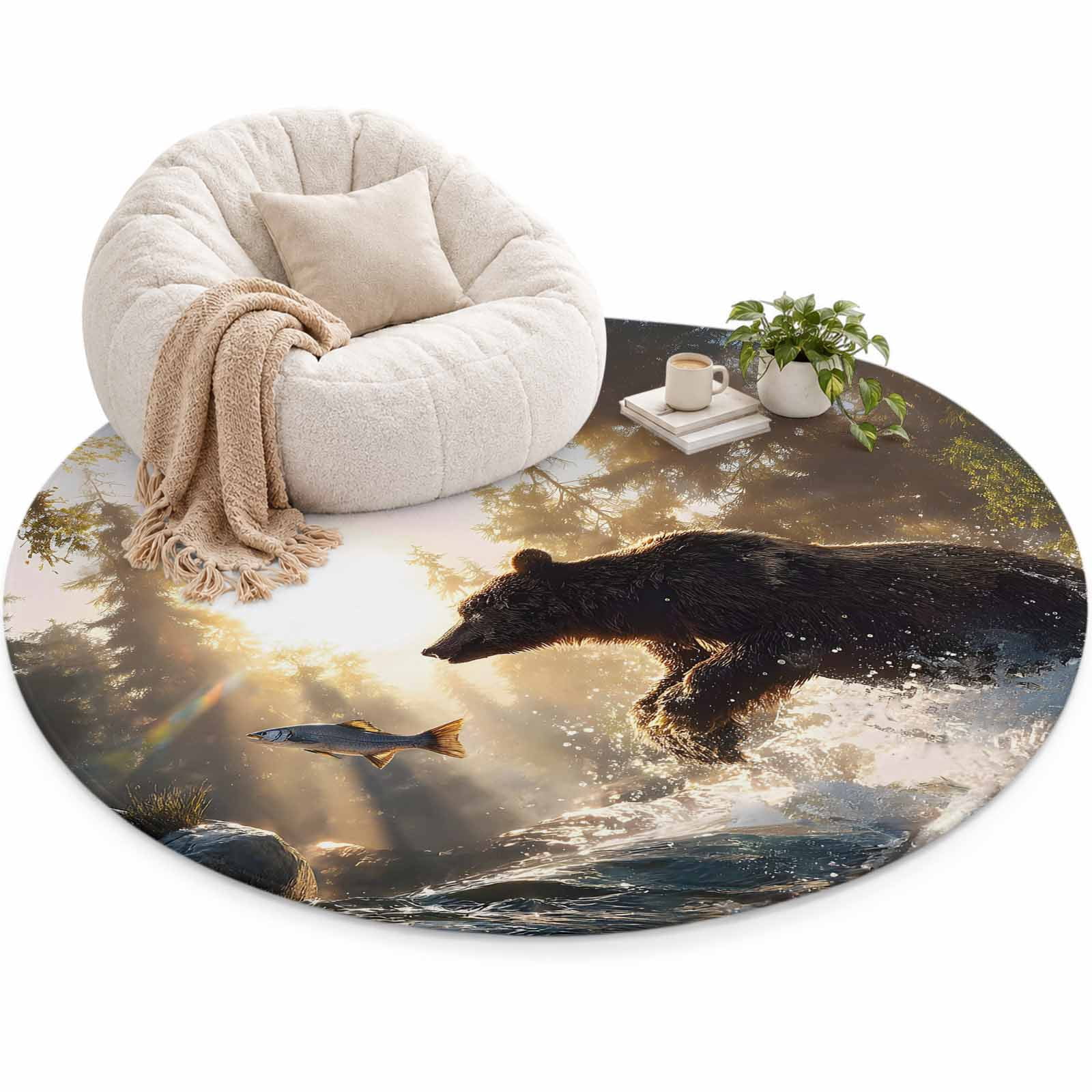 Bear Fishing Area Rug 6', Forest Stream Sunset Soft Mat Non-Slip ...