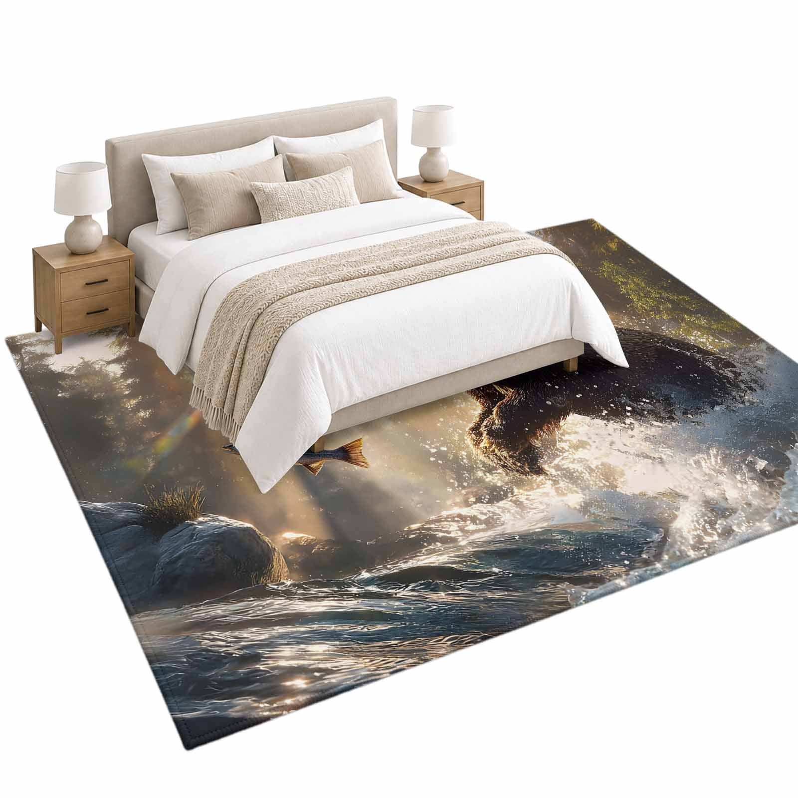 Bear Fishing Area Rug 6'x9', Forest Stream Sunset Soft Mat Non-Slip ...