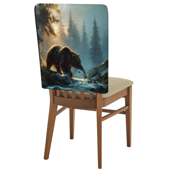 Bear Fishing Chair Back Covers Set of 4 Forest Stream Animals Removable Dining Chair Slipcovers Washable Seat Protector for Restaurant Party Banquet Kichen Decor